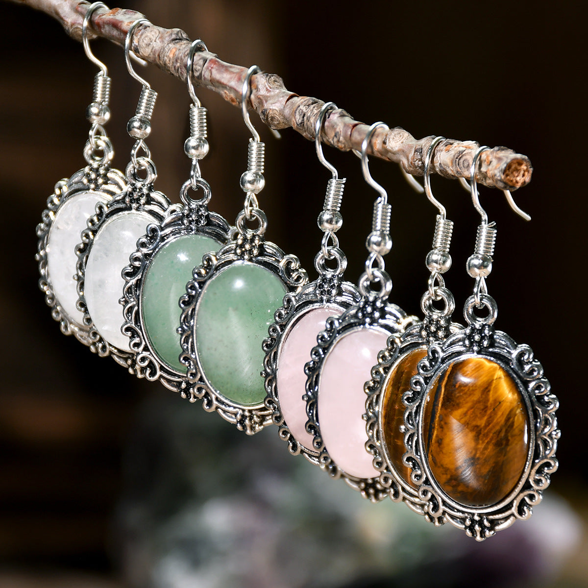 Wholesale retro hollow crystal natural stone pendant earrings